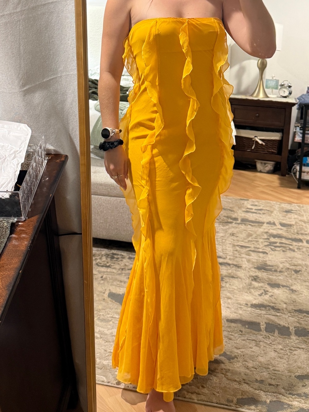ASOS design strapless Ruffle Dress in Mustard Yellow